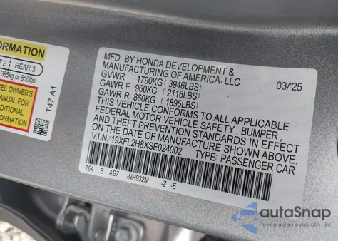 2025 Honda Civic Sedan Sport z USA, uszkodzony, nr VIN 19XFL2H8XSE024002